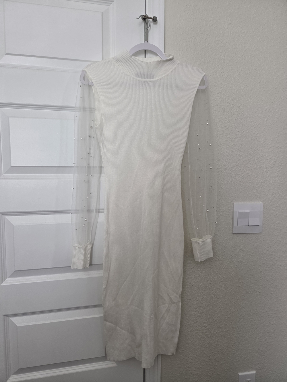 Almost Famous Ivory Knit Maxi Dress with Pearl-Embellished Sheer Sleeves